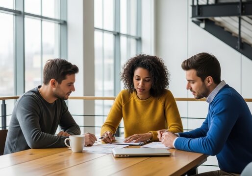 Three colleagues collaborating around a wooden table, reviewing documents and discussing a project in a bright, modern office environment
