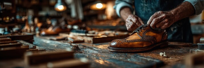 Artisan craftsman meticulously laces hand-made leather shoes in a workshop filled with tools