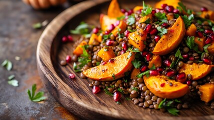 Fresh roasted pumpkin and lentil salad with pomegranate seeds, served on a wooden platter. Great for healthy eating features, colorful recipe books and restaurant menu