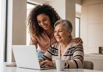 A younger woman helps a senior woman use a laptop, both smiling and looking at the screen, representing intergenerational connection and technology use at home