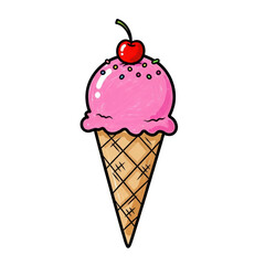 Colorful ice cream cone with cherry on top - fun cartoon art design
