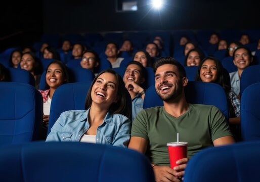 A diverse group of people, including a happy couple in the foreground, enjoying a movie together in a dark cinema theater, laughing and looking at the screen