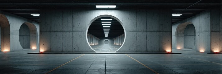 Modern concrete parking garage with innovative circular design and dramatic lighting during nighttime