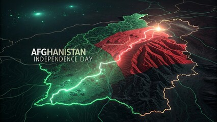 Afghanistan Independence Day, Artistic glowing topographic map of Afghanistan with colorful contours.