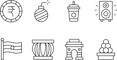 Collection of indian cultural and celebratory icons in a line art style