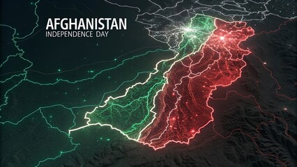 Afghanistan Independence Day, Colorful artistic topographic map of Afghanistan with luminous details.