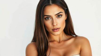 Fototapeta premium Beauty and glamour in a close-up of a stunning curvy brunette model with flawless skin and brown eyes
