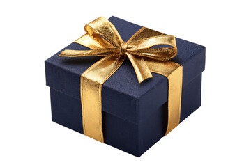 Obraz premium A dark blue gift box with a golden ribbon isolated on a transparent background in PNG format.