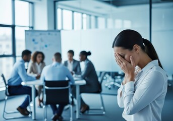 A woman in an office setting is overwhelmed by stress and anxiety, covering her face in despair while colleagues meet in the background