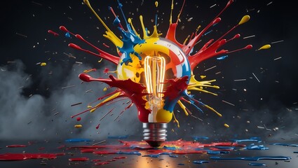 Colorful light bulb exploding with paint creative idea concept design and innovation for business startup