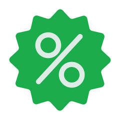 A modern flat design vector icon of a green starburst badge with a white percentage symbol, representing sales, discounts, and promotional offers.