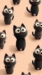 Cute animated black cats with large eyes in playful poses on a soft pastel background