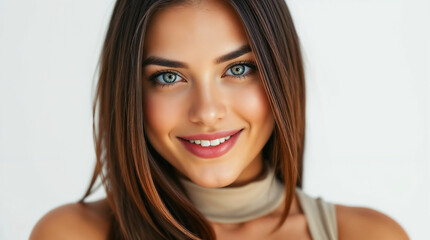 Naklejka premium Natural and happy smile of a beautiful young curvy Hispanic woman with glowing skin