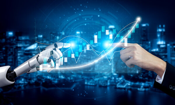 Human and robotic collaboration in futuristic business data analysis with stock market graphs in vibrant blue tones Impute.