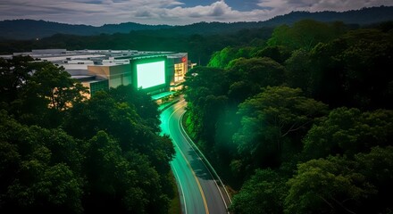 Aerial view of a modern building with a large, glowing green screen nestled beside a dark, lush forest at twilight.