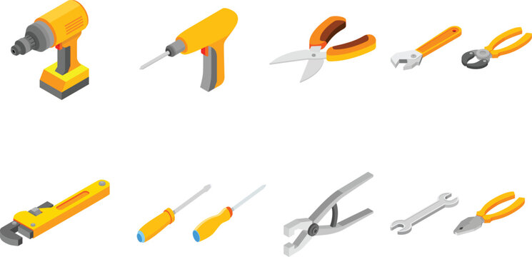 Collection of yellow and silver hand tools in isometric view
