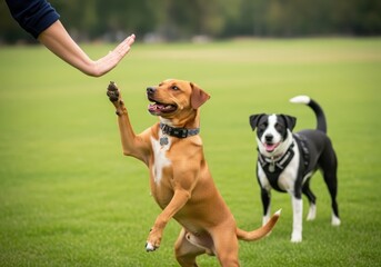A brown dog is trained by a person in a park, giving a paw, while another dog watches in the background