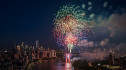 Vibrant Fireworks Display Over City Skyline at Night