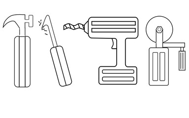 Workshop Tools Icon Set A set of simple outline icons of workshop tools, created in a charming and naive child-like style.