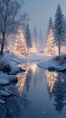 Winter wonderland with illuminated trees by a serene frozen stream at dusk during the festive season