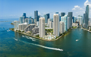 Drone view of Brickell skyscrapers. Brickell cityscape of downtown Miami. Panoramic Miami Brickell skyline above the coastline. Brickell Key aerial view in Miami. Landscape of Miami.