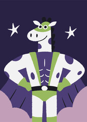 Naklejka premium Giraffe superhero, confident pose, super powers, ready for action. 