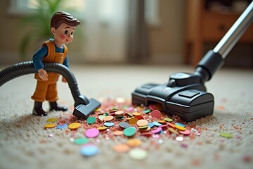 - An enchanting photo capturing a miniature figure using a tiny vacuum cleaner to clean up colorful confetti