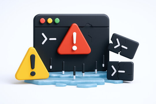 A vibrant 3D illustration of a computer warning system with broken icons and malfunction signals.