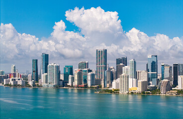 Aerial view of Brickell skyline in downtown Miami. Skyscrapers above Miami. Scenic panorama of Brickell financial district. Brickell in Miami city. Brickell Urban landscape with buildings cityscape.