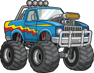 Cartoon style vector illustration of monster truck, blue body, big wheels, flame decal, offroad power, racing © Sohan Creatives