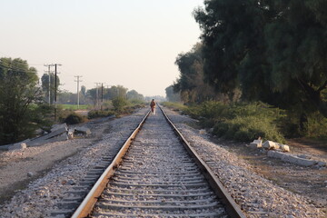 Obraz premium A person walks down a railway track towards the horizon with trees on both sides