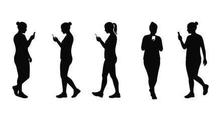 Silhouette of women using mobile phones in various poses and angles
