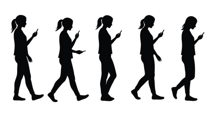 Silhouettes of Women Walking and Using Smartphones in a Row on White