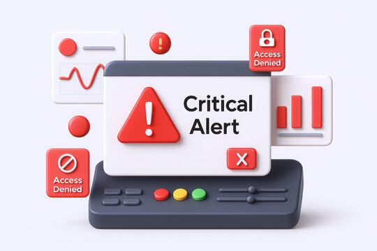 A 3D rendering of a critical alert screen with warning signs and access denied icons in a modern style.