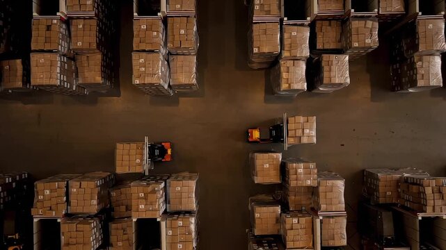 Logistic Warehouse with driving forklifts Commerce Shipment Industrial Import Export Shipping Distribution Freight Business Top View