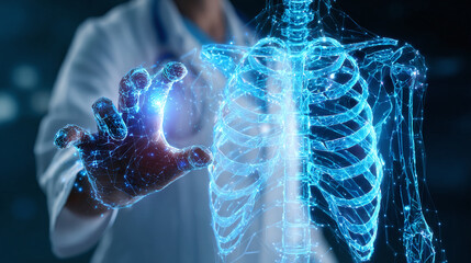 Medical doctor using digital technology and hologram to analyze human health data.
