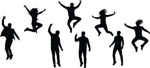 Group of people jumping high, joyful silhouettes, energetic celebration, freedom, fun, motion, happiness, teamwork, success, active lifestyle, excitement, dynamic pose