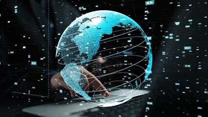 A futuristic image featuring a hand reaching towards a digital globe. Surrounding data streams illustrate the concepts of connectivity and technological advancement in the modern world. Xenic