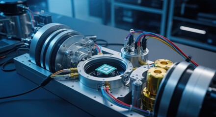 Industrial design shot showing the modular components of a dilution refrigerator system prepared for embedding a quantum annealing processor.