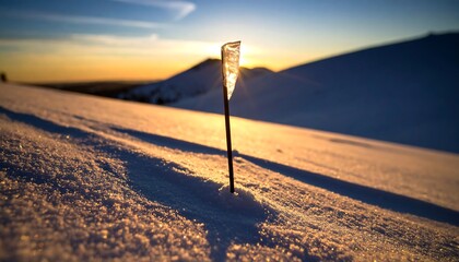Ice Spike Standing on Snow at Sunset with Mountain Views
