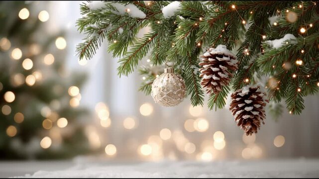 Decorated Christmas tree branch with pine cone and bauble, snow and string lights, winter holiday decoration footage.