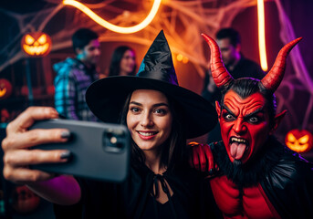 A witch and a demon taking a selfie on a halloween party