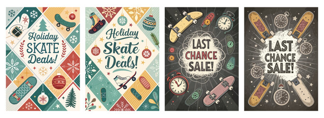 Colorful holiday skate deals posters featuring vintage skateboards and festive elements.
