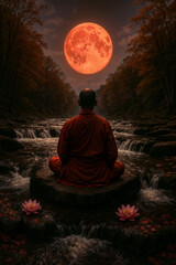 A monk meditating in the lotus position with in the middle of a water stream, on a flat rock, with a red moon in the sky