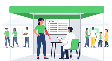 Vaccination drive illustration showing a doctor administering a vaccine at a booth