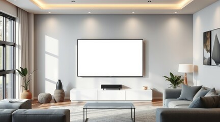 Modern Living Room: A contemporary living room, bathed in natural light, showcases minimalist decor, an expansive TV, and stylish furnishings, embodying modern comfort and sophistication.