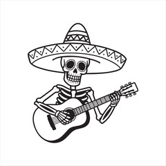 Skeleton playing guitar in sombrero for day of the dead celebration