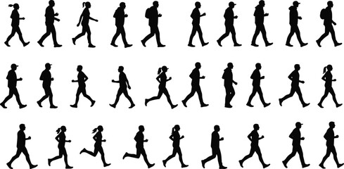 Silhouette of People Walking, Running, Jogging, Vector Illustration for Fitness, Exercise, Health, Motion, Activity, Adobe Stock Graphic Content
