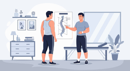 Expert chiropractor explaining spine structure to patient in clinic setting