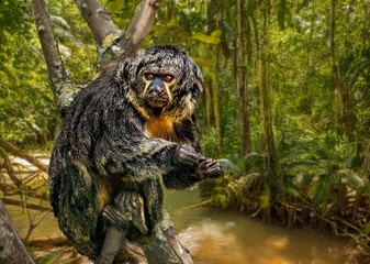 A female saki monkey with a face as if stricken by horror
